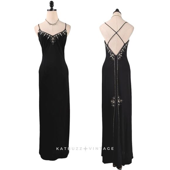 Vintage Dave Johnny Prom Dress Maxi Gown 6 Black Y2K Goth Glam Rhinestone Bead - Picture 1 of 13